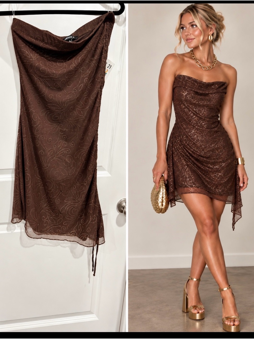 NWT Strapless Brown Sequin Sheer Dress with Ruching sz M